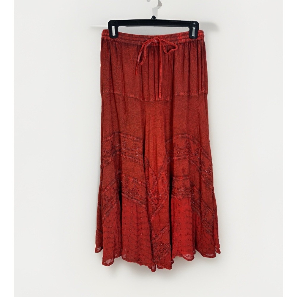 Advance Apparels Midi Maxi Skirt Free Size Red Embroidered Boho Fairy Festival